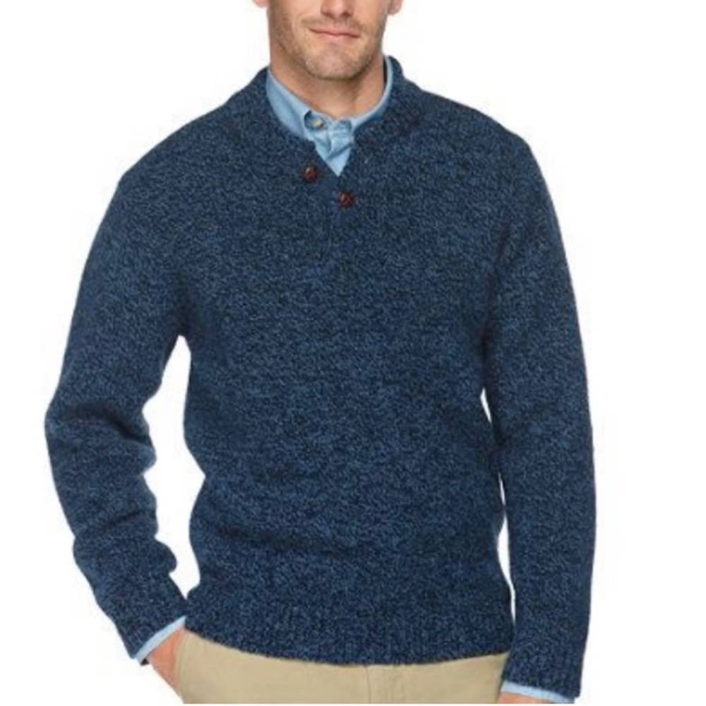 LL Bean 100% Lambswool Ragg Wool Henley Sweater Blue LIKE NEW Mens XXL